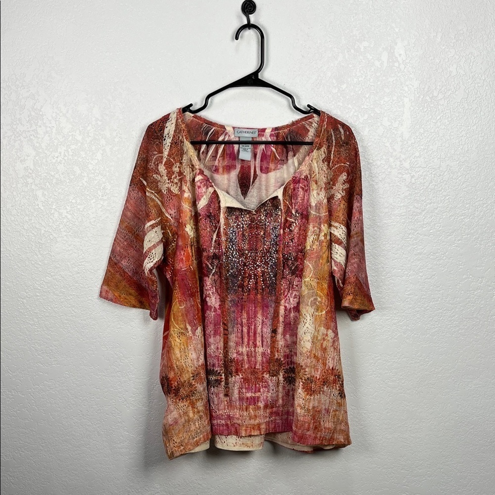 Catherines‎ Top Plus Size 1X Blouse Multicolor Boho Embellished Peasant TC0566